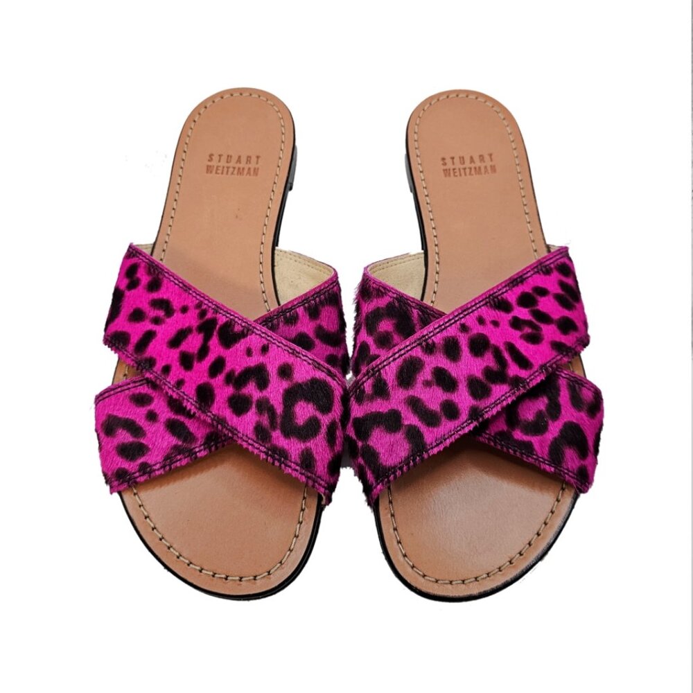Stuart Weitzman Hot Pink Leopard Print Calf Hair Slide Sandal Size 6.  Like New